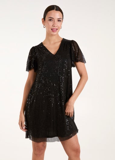 Blue Vanilla Black Sequin Flutter Sleeve Dress