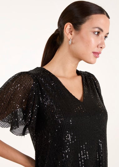 Blue Vanilla Black Sequin Flutter Sleeve Dress