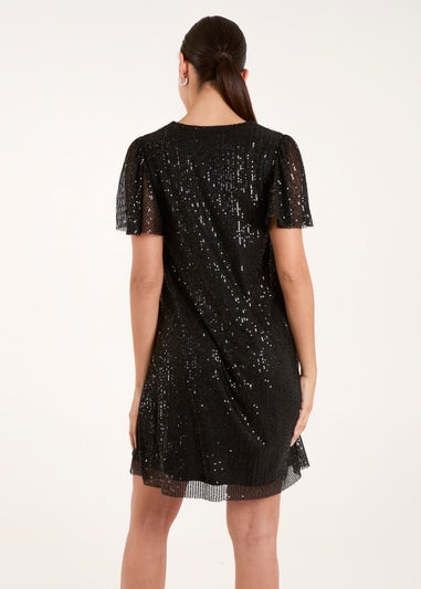 Blue Vanilla Black Sequin Flutter Sleeve Dress