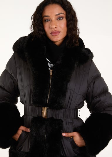 Blue Vanilla Black Fur Trim Belted Puffer Coat