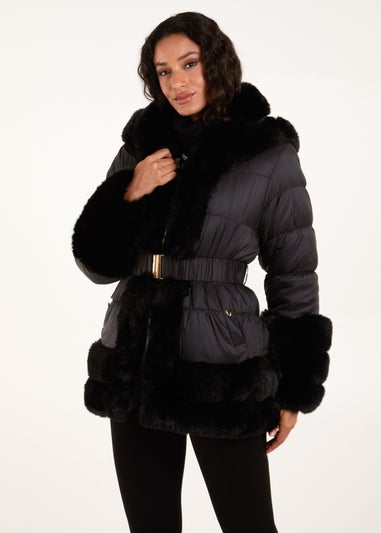 Blue Vanilla Black Fur Trim Belted Puffer Coat