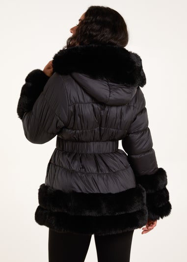 Blue Vanilla Black Fur Trim Belted Puffer Coat