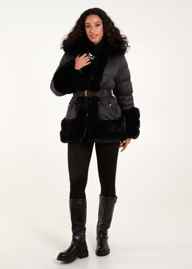 Blue Vanilla Black Fur Trim Belted Puffer Coat