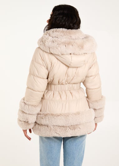 Blue Vanilla Stone Fur Trim Belted Puffer Coat