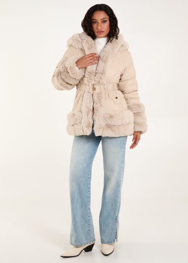 Blue Vanilla Stone Fur Trim Belted Puffer Coat