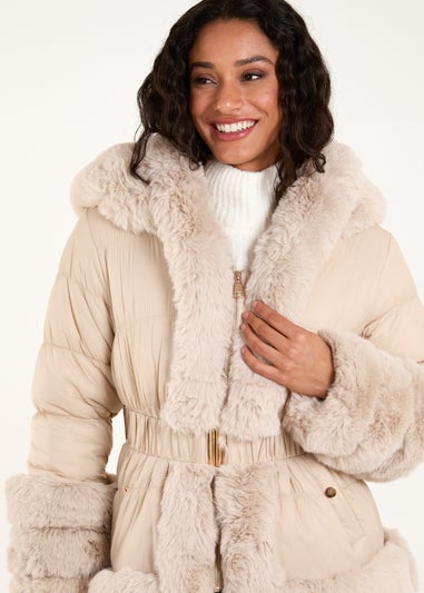 Blue Vanilla Stone Fur Trim Belted Puffer Coat