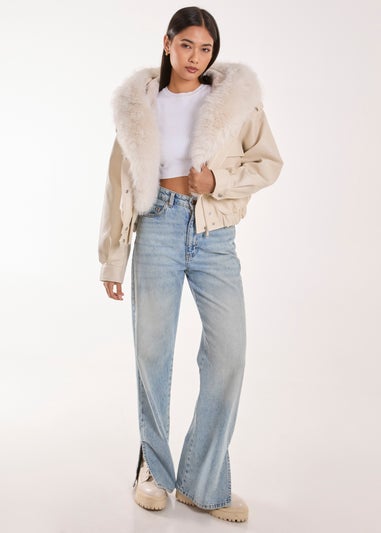 Pink Vanilla Stone Fur Hooded Cropped Utility Jacket