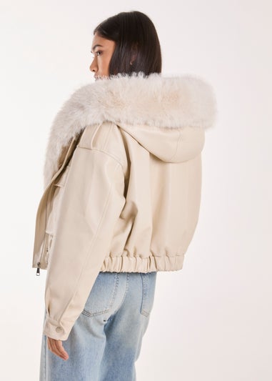 Pink Vanilla Stone Fur Hooded Cropped Utility Jacket