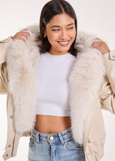 Pink Vanilla Stone Fur Hooded Cropped Utility Jacket