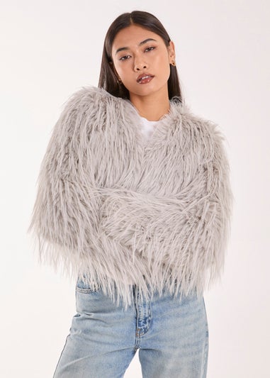 Blue Vanilla Silver Shaggy Faux Fur Cropped Jacket