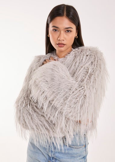 Blue Vanilla Silver Shaggy Faux Fur Cropped Jacket