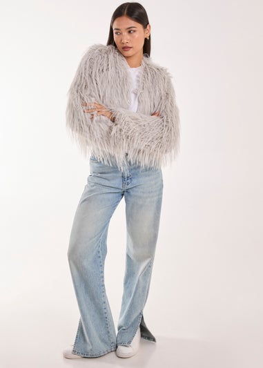 Blue Vanilla Silver Shaggy Faux Fur Cropped Jacket