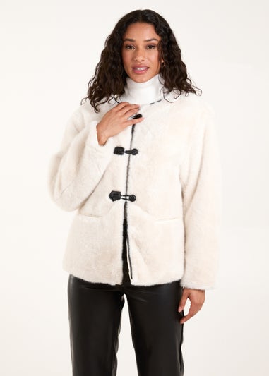 Blue Vanilla Cream Collarless Toggle Detail Fur Jacket