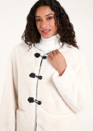 Blue Vanilla Cream Collarless Toggle Detail Fur Jacket