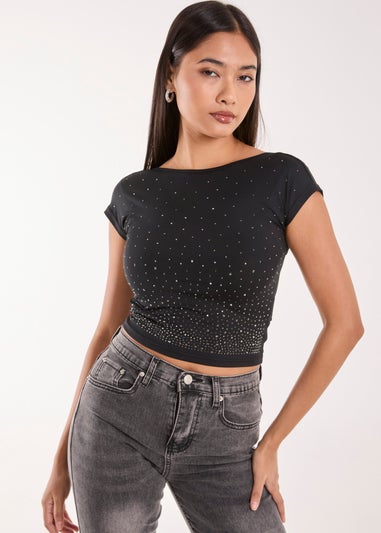 Pink Vanilla Black Rhinestone Scoop Back Top