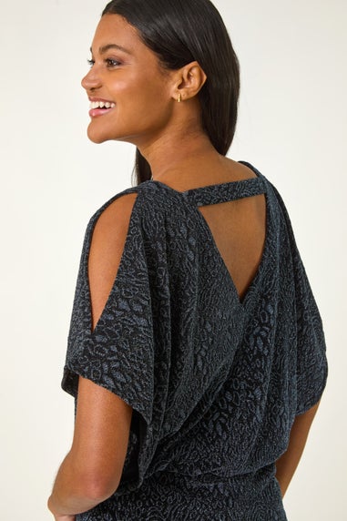 Roman Midnight Blue Glitter Banded Hem Stretch Top