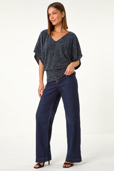 Roman Midnight Blue Glitter Banded Hem Stretch Top