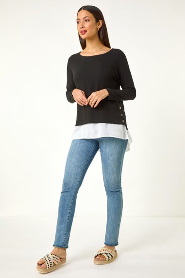 Roman Black 2 in 1 Contrast Hem Detail Stretch Top