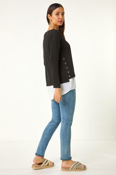 Roman Black 2 in 1 Contrast Hem Detail Stretch Top