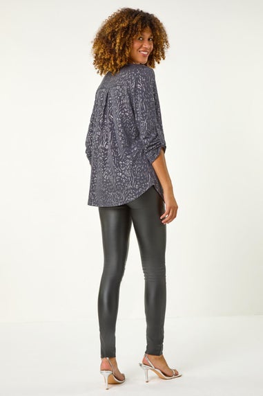 Roman Grey Glitter Animal Print Stretch Shirt