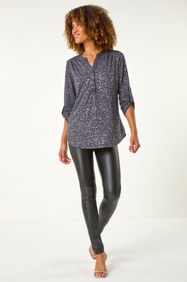 Roman Grey Glitter Animal Print Stretch Shirt