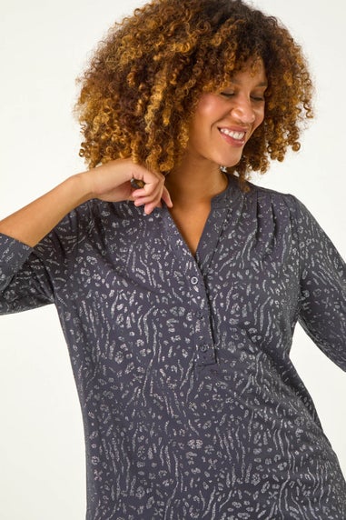 Roman Grey Glitter Animal Print Stretch Shirt