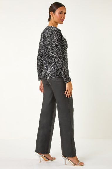 Roman Grey Front Tie Velvet Animal Print Burnout Top