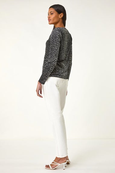 Roman Grey Front Tie Velvet Animal Print Burnout Top