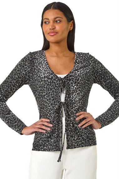 Roman Grey Front Tie Velvet Animal Print Burnout Top