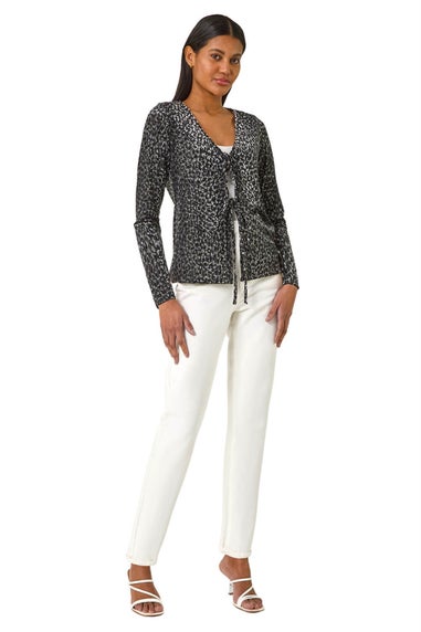Roman Grey Front Tie Velvet Animal Print Burnout Top