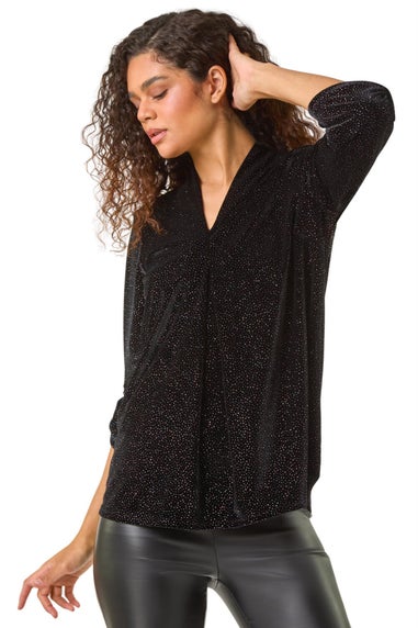 Roman Black Sparkle Velvet V-Neck Tunic Stretch Top
