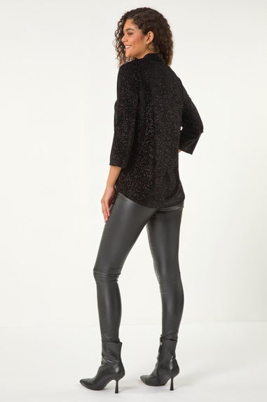 Roman Black Sparkle Velvet V-Neck Tunic Stretch Top
