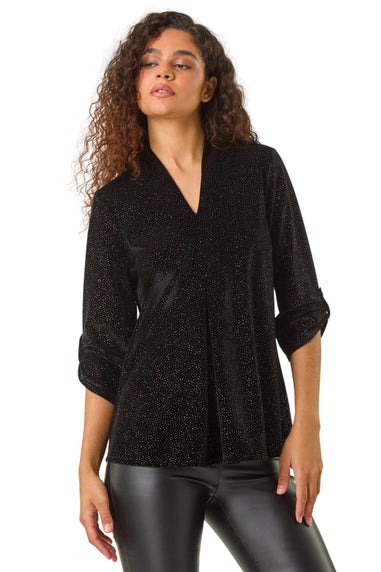 Roman Black Sparkle Velvet V-Neck Tunic Stretch Top