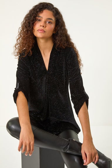 Roman Black Sparkle Velvet V-Neck Tunic Stretch Top
