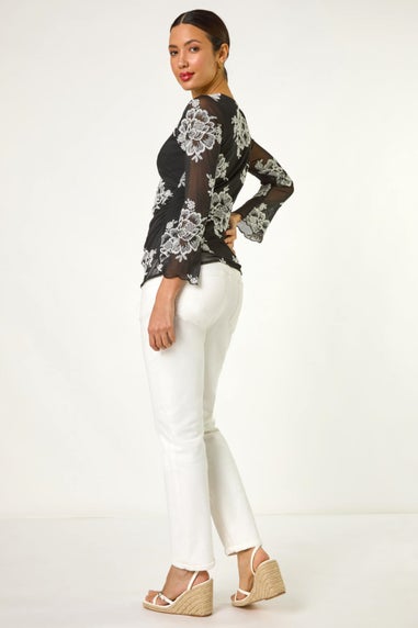 Roman Black Floral Mesh Sleeve Stretch Top