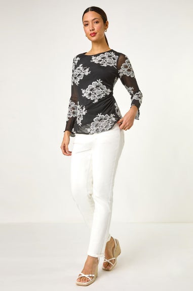 Roman Black Floral Mesh Sleeve Stretch Top
