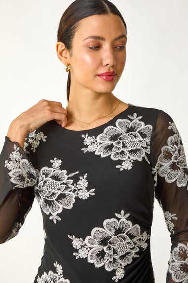 Roman Black Floral Mesh Sleeve Stretch Top