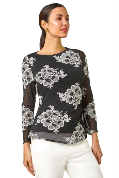 Roman Black Floral Mesh Sleeve Stretch Top