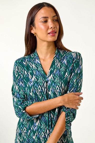 Roman Teal Abstract Print Front Pleat Stretch Top