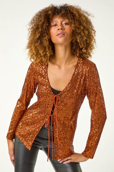 Roman Bronze Front Tie Sequin Top