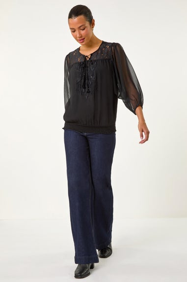 Roman Black Embroidered Lace Shirred Hem Top