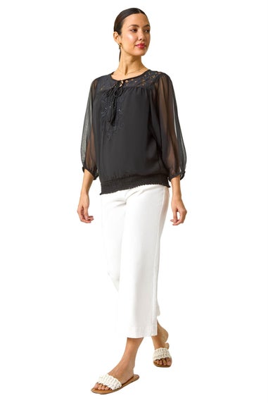 Roman Black Embroidered Lace Shirred Hem Top