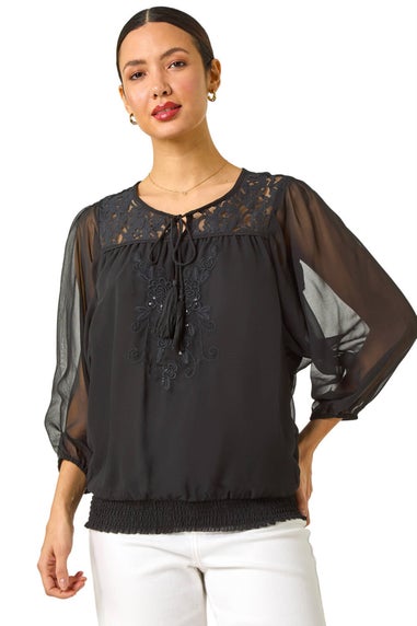 Roman Black Embroidered Lace Shirred Hem Top
