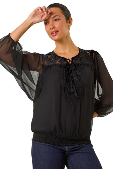 Roman Black Embroidered Lace Shirred Hem Top