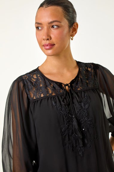 Roman Black Embroidered Lace Shirred Hem Top