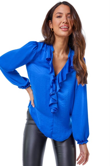 Roman Ink Blue Satin Ruffle Neck Blouse