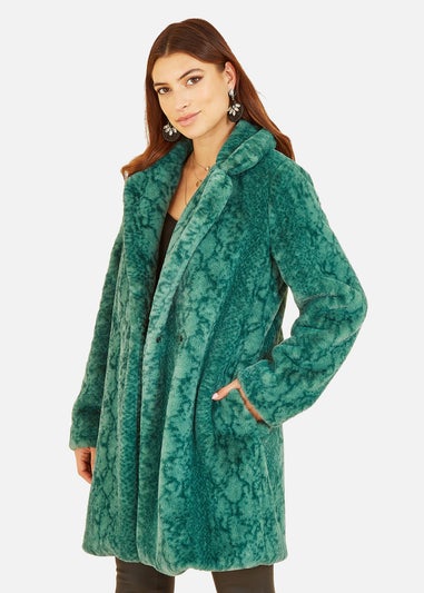 Yumi Green Snakeskin Print Faux Fur Coat