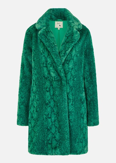 Yumi Green Snakeskin Print Faux Fur Coat