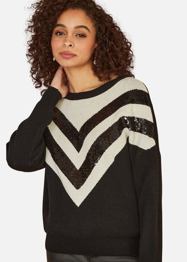 Yumi Black Chevron Knitted Relaxed Jumper With Sequins