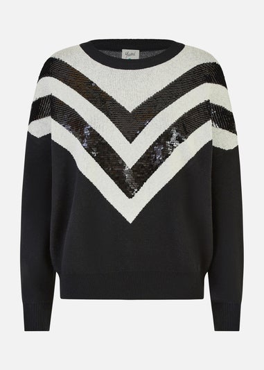 Yumi Black Chevron Knitted Relaxed Jumper With Sequins